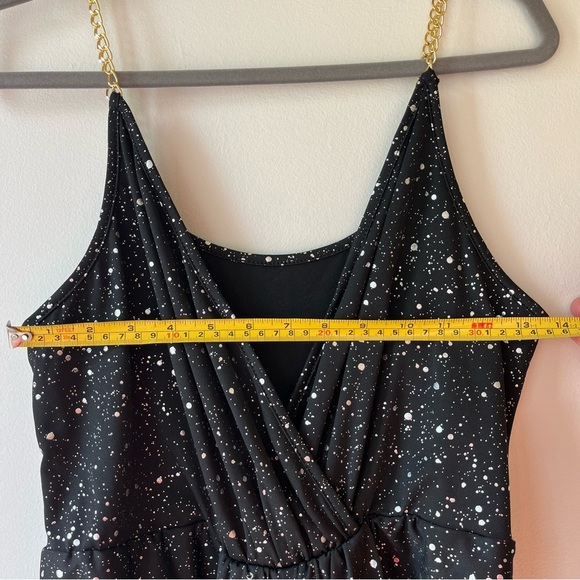 Black Sparkle Bodycon Midi Dress L Faux Wrap Gold Chain Straps, NYE Holiday Glam - Picture 6 of 10